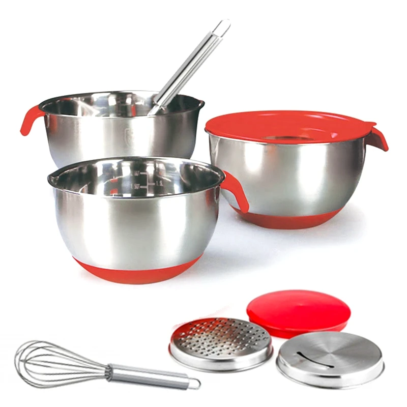 Kitchen Baking Containers - Edelstahl-Salatschüssel-Set mit Deckeln/Griff/Raspel/Eierschläger, Rutschfeste Küchen-Rührschüssel für